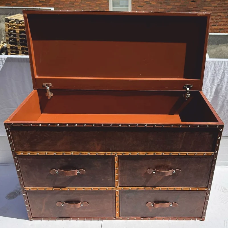 Casa Padrino Luxus Art Deco Kommode / Truhe Braun 125 cm - Leder Möbel