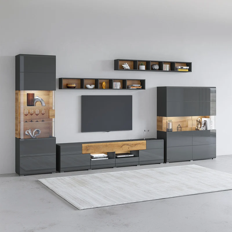 Meuble TV 2 portes 2 tiroirs 208 cm Jules Gris et Bois