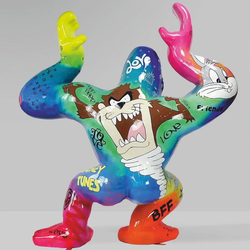 Casa Padrino XXL Deko Skulptur Gorilla mit Fass Bunt / Schwarz H. 250 cm - XXL Garten Figur