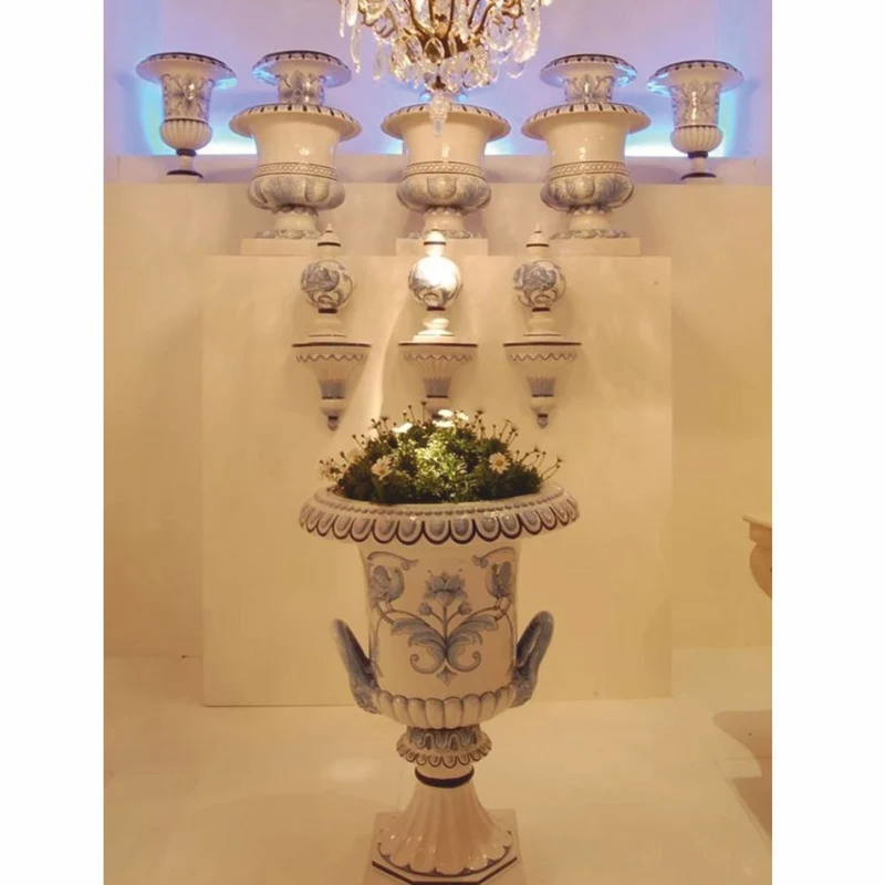 Casa Padrino Luxus Barock Keramik Blumentopf Weiß / Blau Ø 71 x H. 99,5 cm