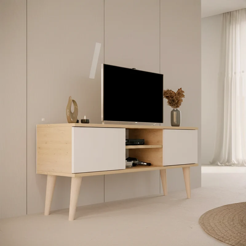 Meuble TV 120 cm Toronto - Blanc et bois