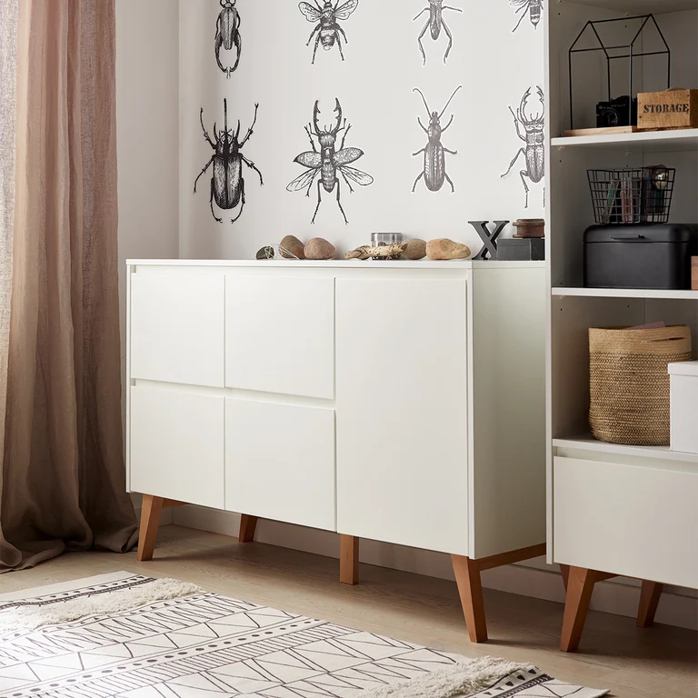 Commode 4 tiroirs 1 porte Pinio Swing - Blanc et bois