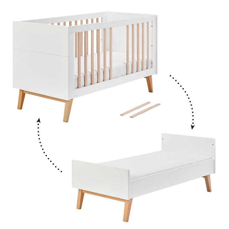 Lit évolutif 70x140 et commode 4 tiroirs 1 porte Pinio Swing - Blanc et bois