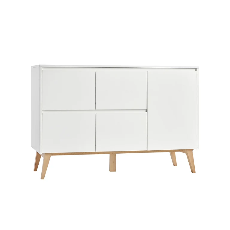 Lit évolutif 60x120 et commode 4 tiroirs 1 porte Pinio Swing - Blanc et bois