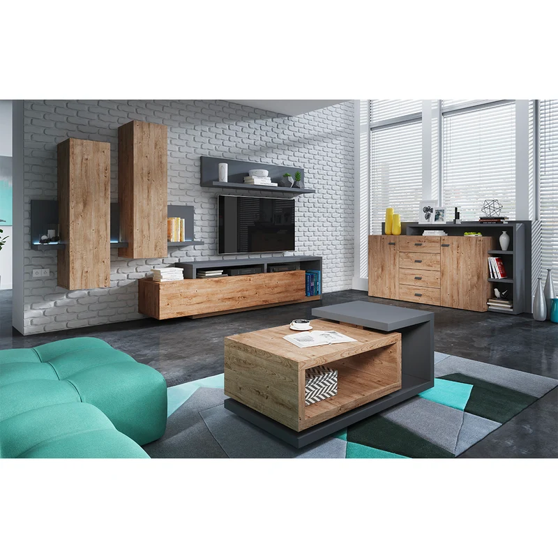Meuble TV 1 tiroir 219 cm Ilyes Bois et Gris