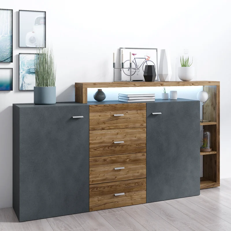 Buffet 2 portes 4 tiroirs Ilyes Gris et Bois