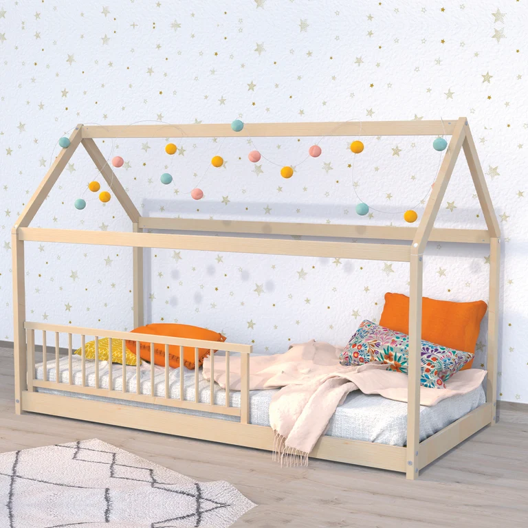Lit cabane 90x190 barrière de lit amovible et sommier inclus Panda Bois