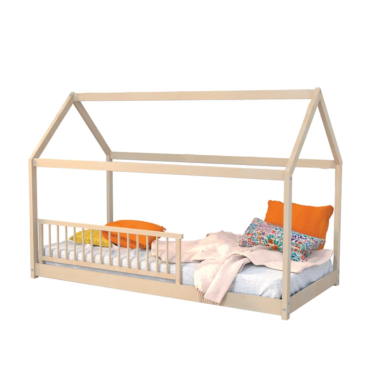 Lit cabane 90x190 barrière de lit amovible et sommier inclus Panda Bois