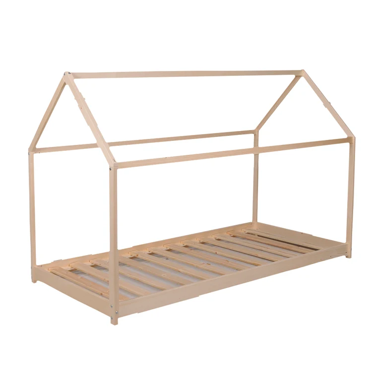 Lit cabane 90x190 barrière de lit amovible et sommier inclus Panda Bois