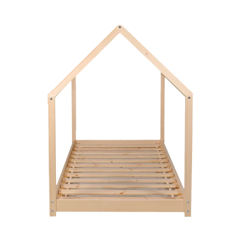 Lit cabane 90x190 barrière de lit amovible et sommier inclus Panda Bois