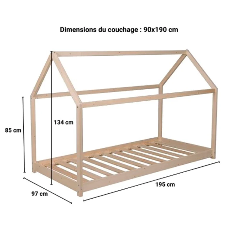 Lit cabane 90x190 barrière de lit amovible et sommier inclus Panda Bois
