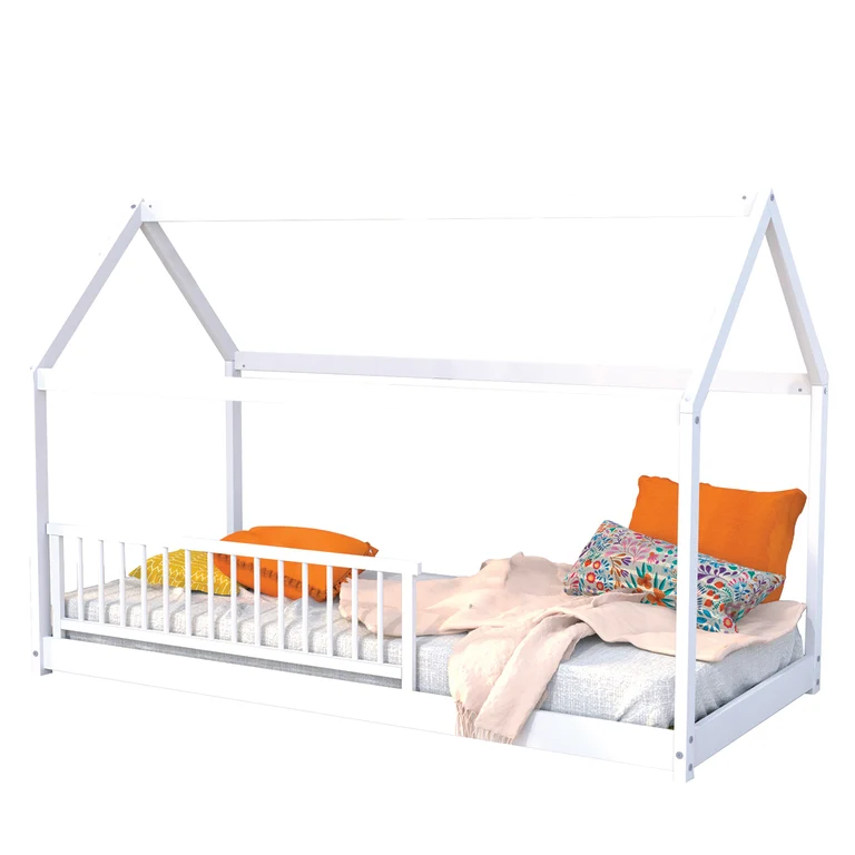 Lit cabane 90x190 barrière de lit amovible et sommier inclus Panda Blanc