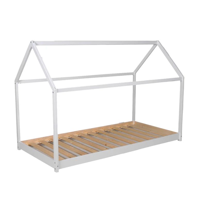 Lit cabane 90x190 barrière de lit amovible et sommier inclus Panda Blanc