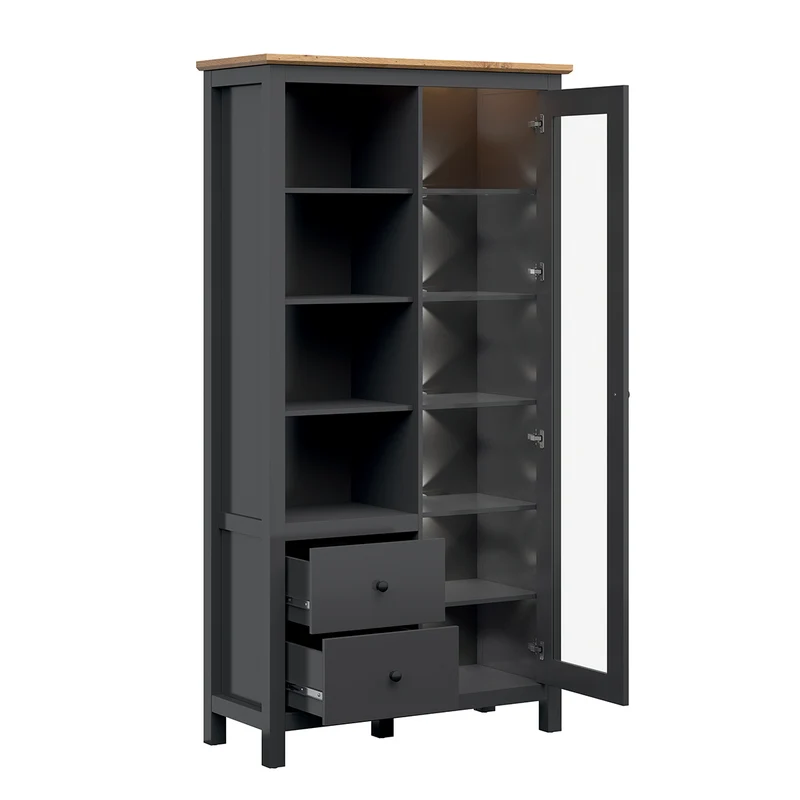 Vaisselier 1 porte 2 tiroirs avec LED Duck Gris anthracite et Bois