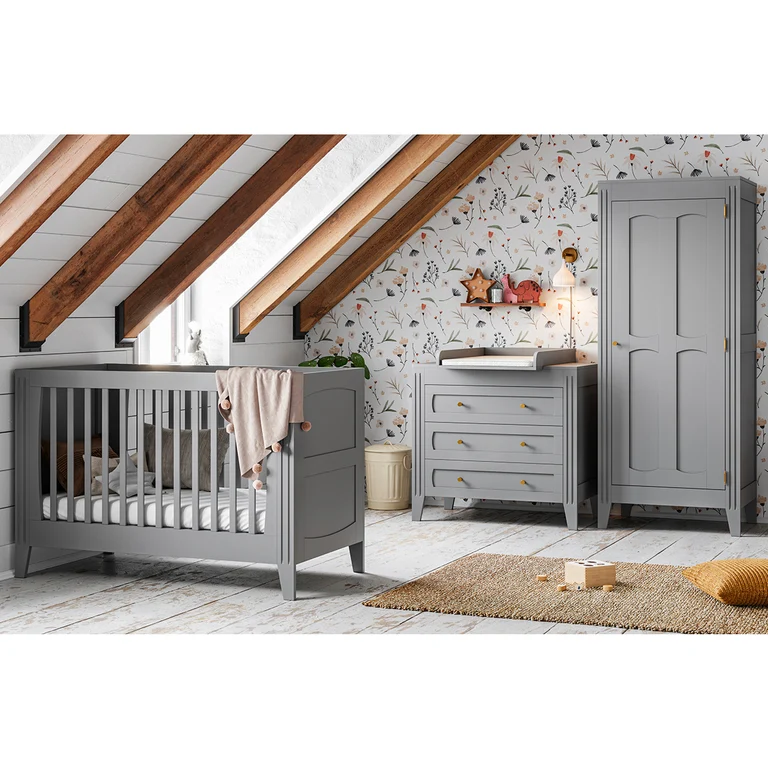 Lit bébé évolutif et commode 3 tiroirs Vox Milenne Gris