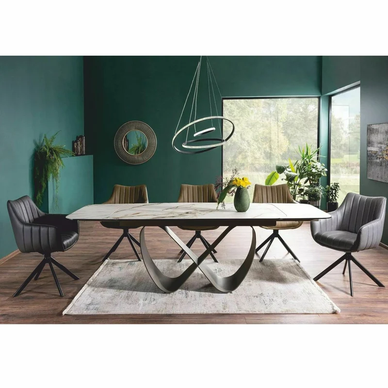 Casa Padrino Luxus Esstisch Weiß / Bernstein / Messing 160-240 cm - Ausziehbar