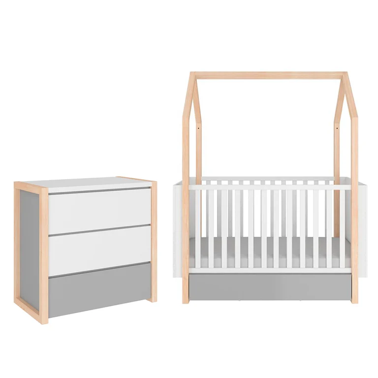 Lit évolutif cabane 70x140 et commode 3 tiroirs Bellamy Pinette Blanc et gris