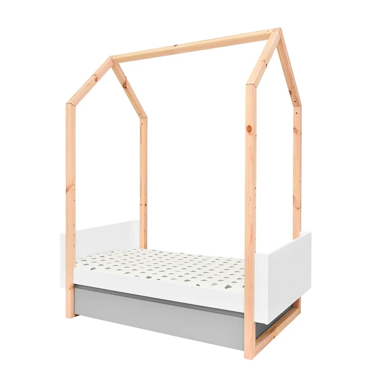 Lit évolutif cabane 70x140 et commode 3 tiroirs Bellamy Pinette Blanc et gris
