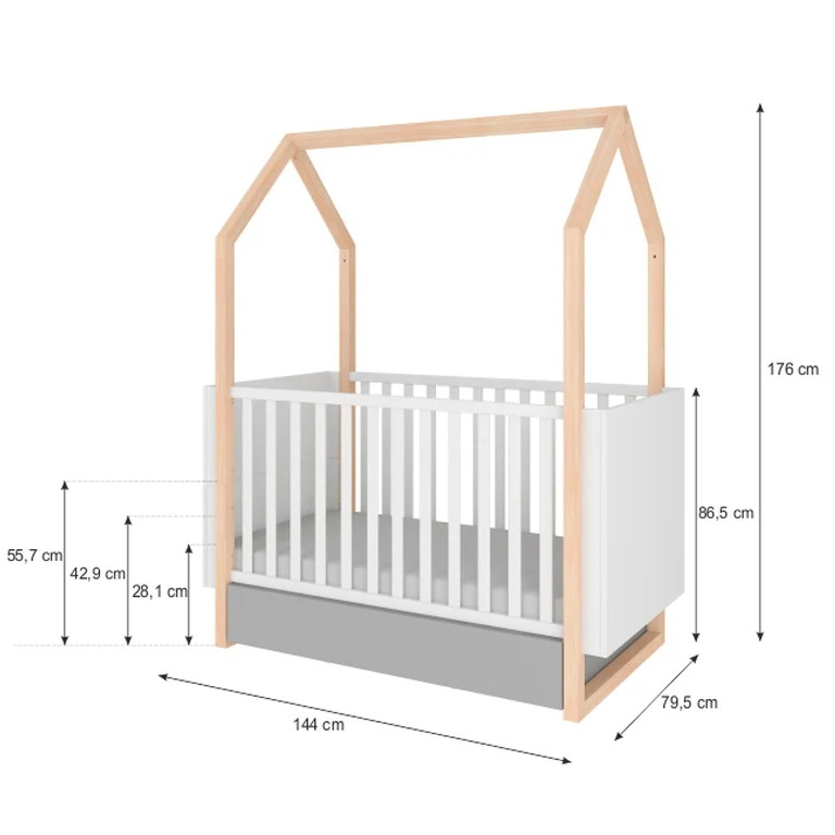 Lit évolutif cabane 70x140 et commode 3 tiroirs Bellamy Pinette Blanc et gris