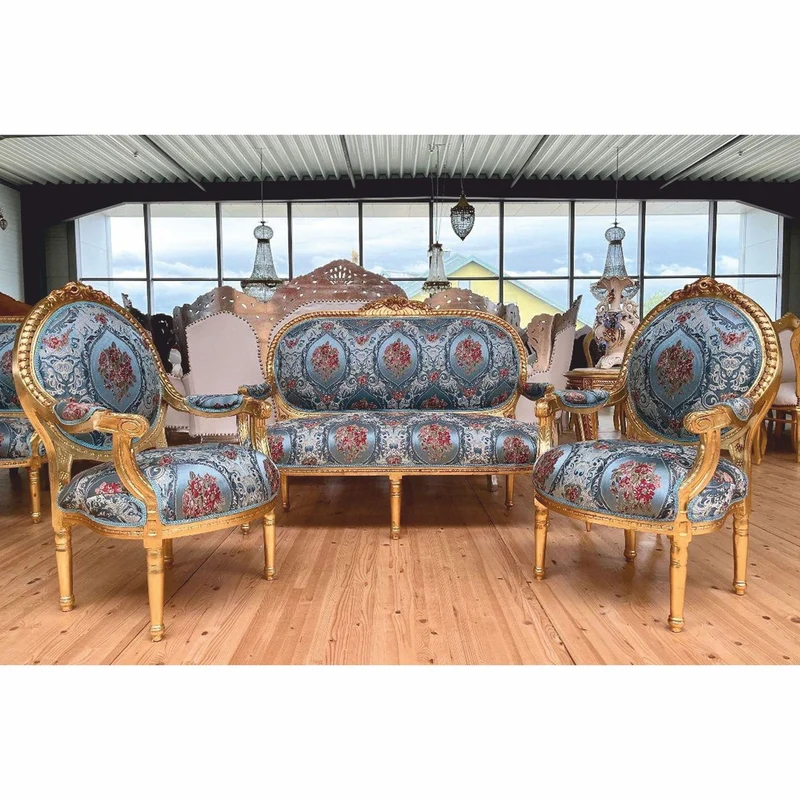 Casa Padrino Barock 2er Sofa Hellblau / Bunt / Gold 150 cm - Barock Möbel
