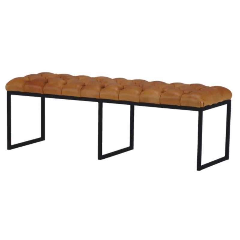 Casa Padrino Luxus Chesterfield Echtleder Sitzbank Hellbraun / Schwarz 130 cm - Echtleder Möbel