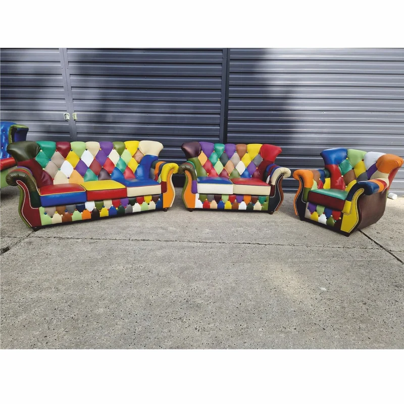 Casa Padrino Luxus Chesterfield Leder Wohnzimmer Set Bunt / Dunkelbraun - Patchwork Echtleder Möbel