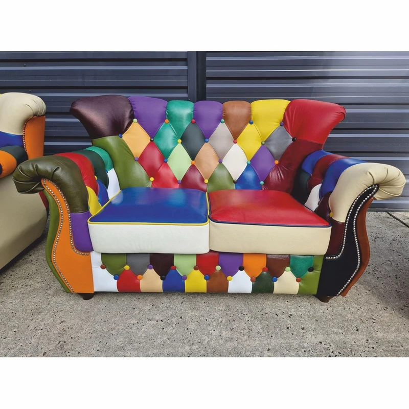 Casa Padrino Luxus Chesterfield Leder Wohnzimmer Set Bunt / Dunkelbraun - Patchwork Echtleder Möbel