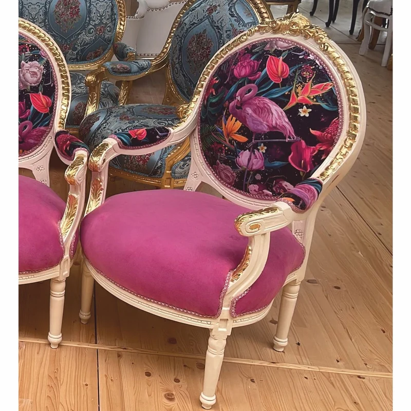 Casa Padrino Barock Medaillon Salon Stuhl Pink / Bunt / Weiß / Gold H. 100 cm - Barock Möbel