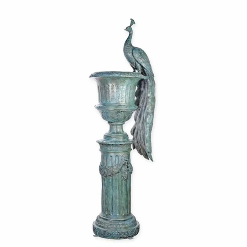 Casa Padrino Barock Garten Deko Bronze Blumenvase mit Säule und Pfau Antik Türkis H. 238 cm