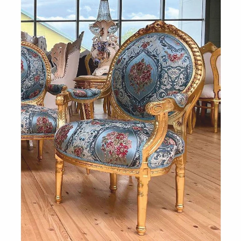 Casa Padrino Barock Medaillon Salon Stuhl Hellblau / Bunt / Gold H. 100 cm - Barock Möbel