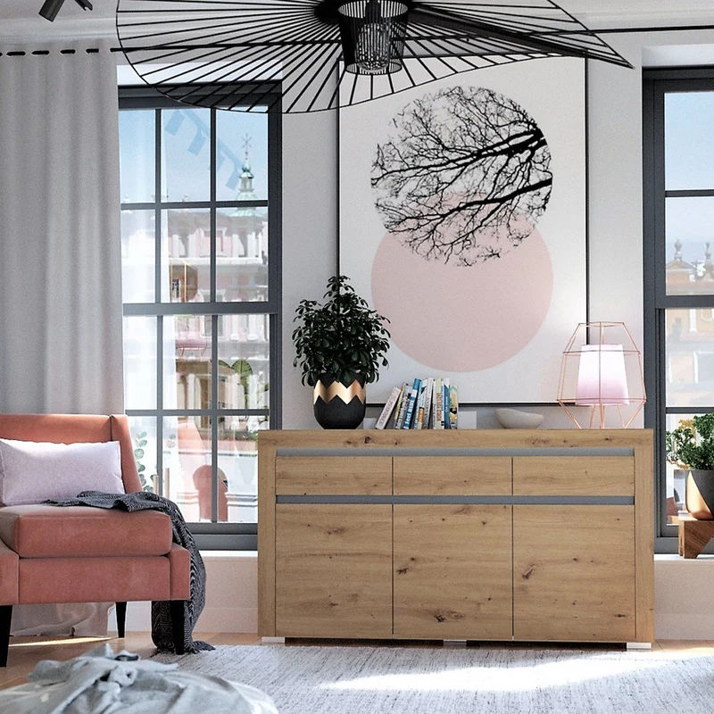 Buffet 3 portes 3 tiroirs LED inclus Kasla Bois et Anthracite