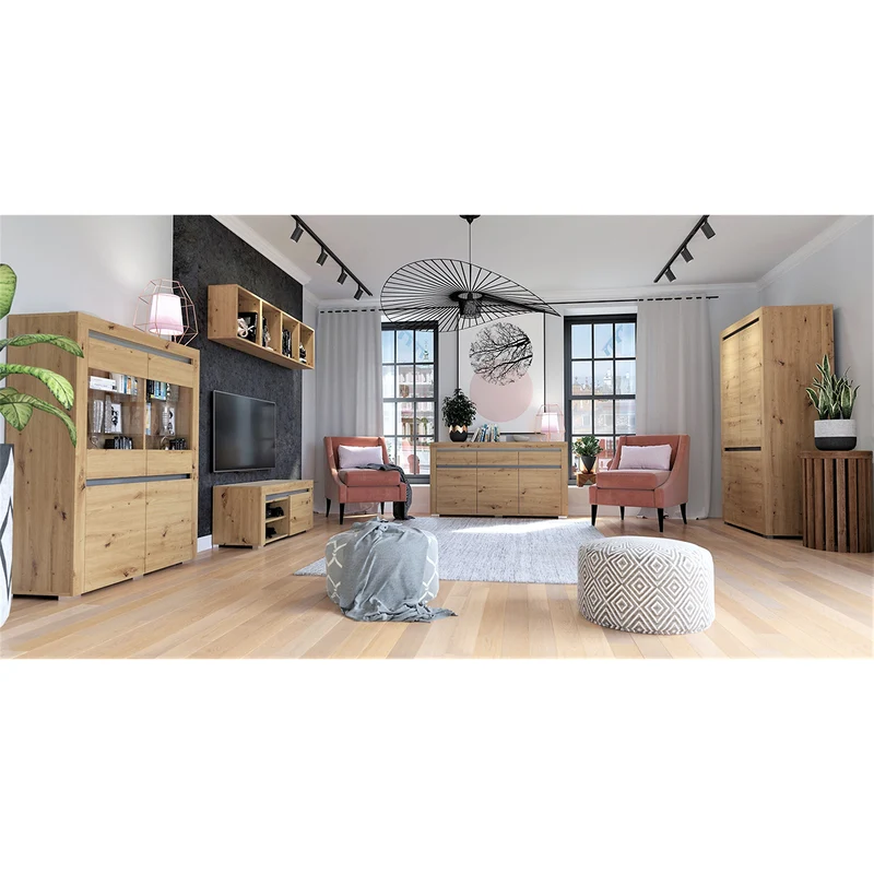 Buffet 2 portes 1 tiroir LED inclus Kasla Bois et Anthracite