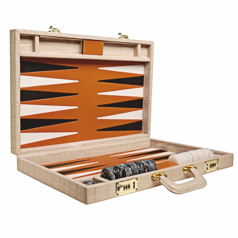 Casa Padrino Luxus Echtleder Backgammon Aktenkoffer Beige Kroko Optik - Luxus Accessoires