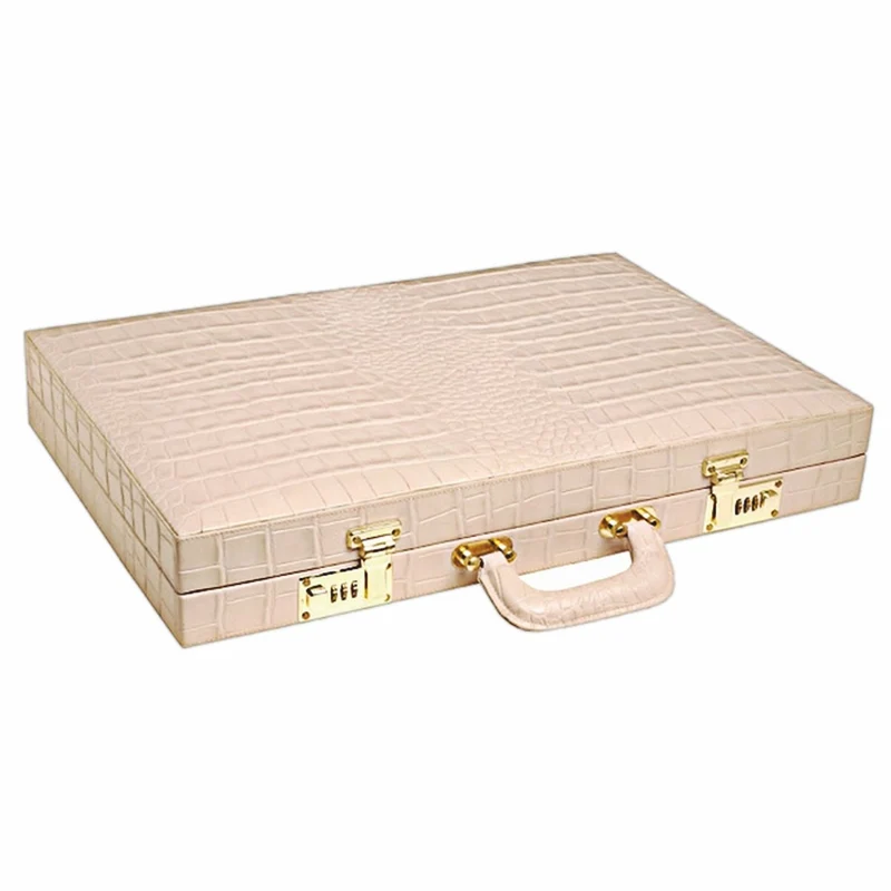 Casa Padrino Luxus Echtleder Backgammon Aktenkoffer Beige Kroko Optik - Luxus Accessoires