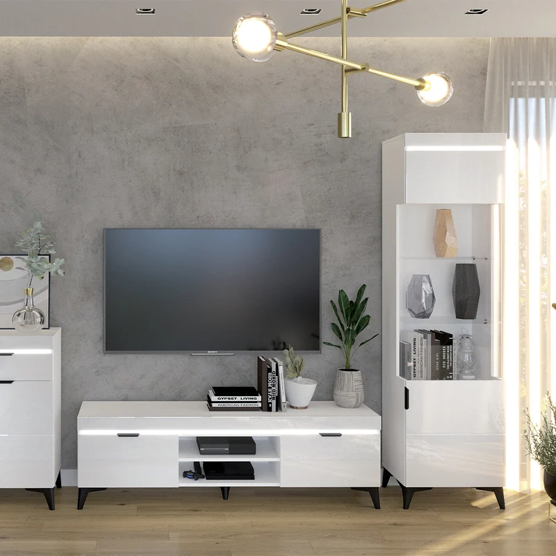 Meuble TV 2 portes 157 cm LED inclus Ruben Blanc