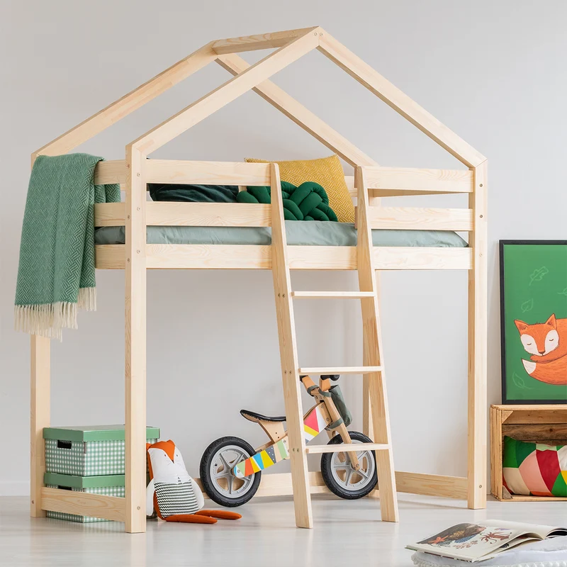 Lit cabane mi-hauteur 90x190 sommier inclus Jeanne Bois