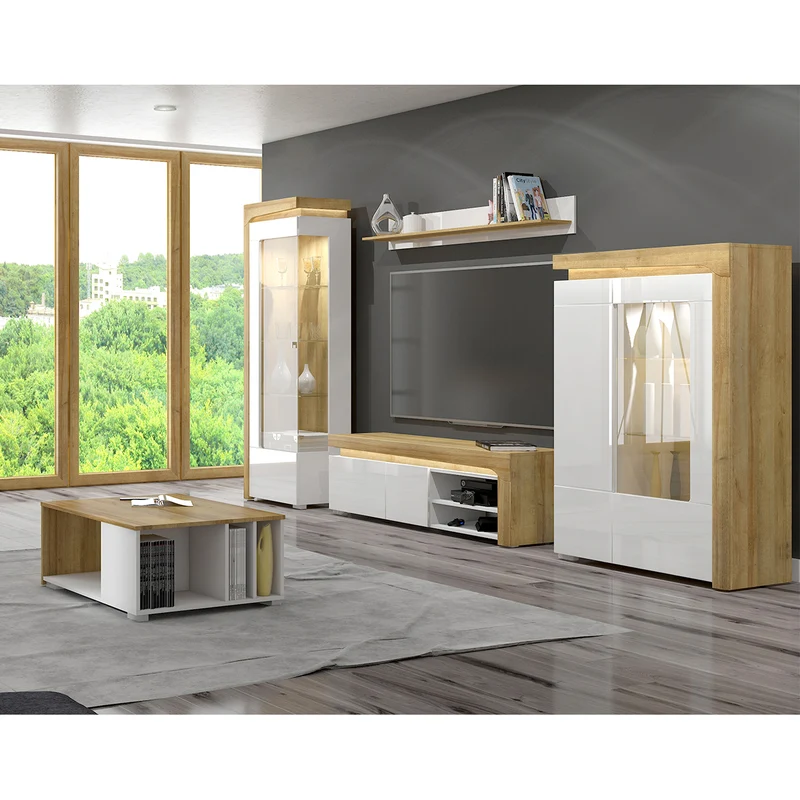 Vaisselier 2 portes droite LED inclus Teo Blanc et Bois