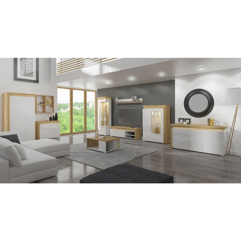 Vaisselier 2 portes droite LED inclus Teo Blanc et Bois