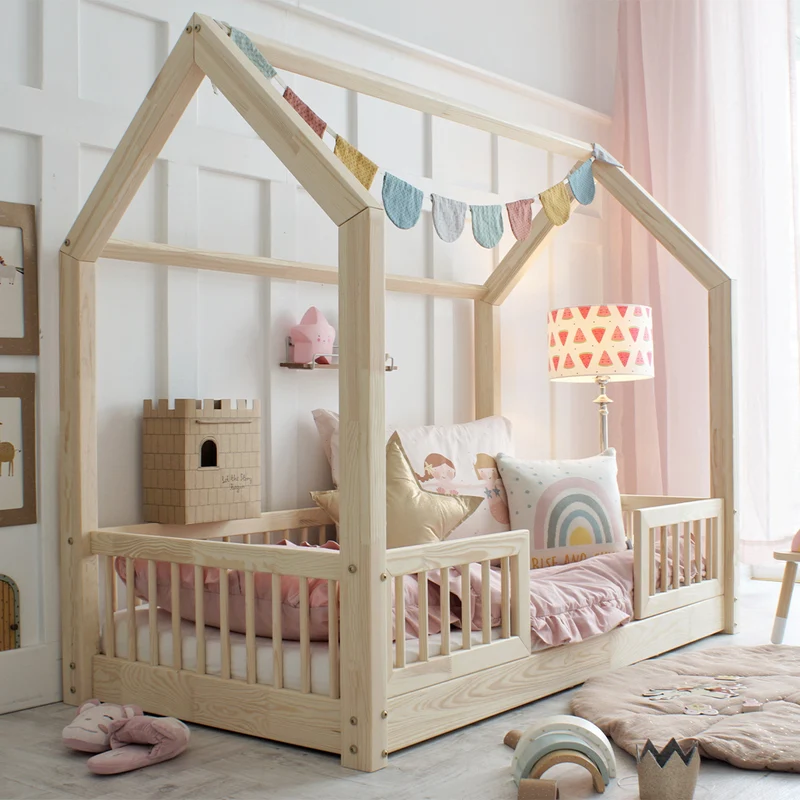 Lit cabane 90x190 barrières et sommier inclus pieds 1 cm Sofia Bois
