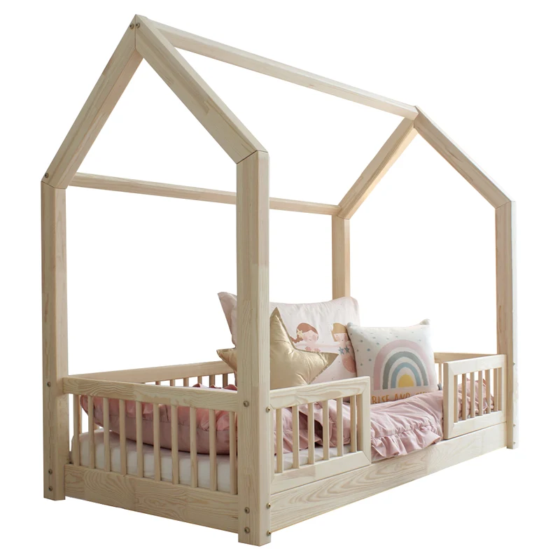 Lit cabane 90x190 barrières et sommier inclus pieds 1 cm Sofia Bois