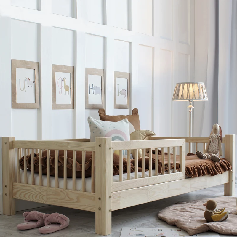 Lit 90x200 barrière et sommier inclus pieds 10 cm Adèle Bois