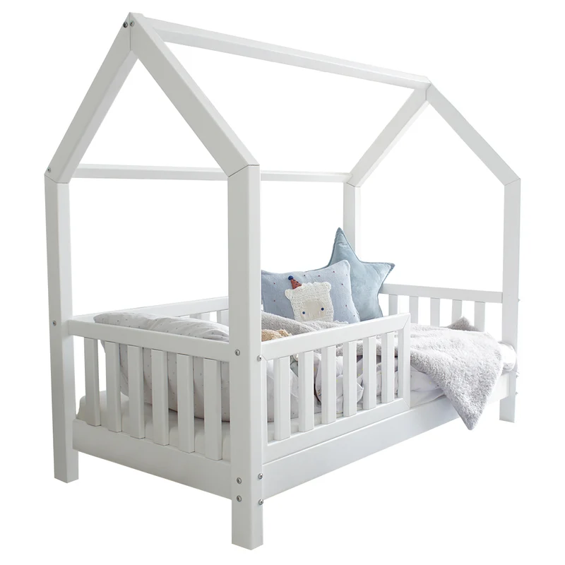 Lit cabane 90x190 barrière et sommier inclus pieds 10 cm Daisy Blanc