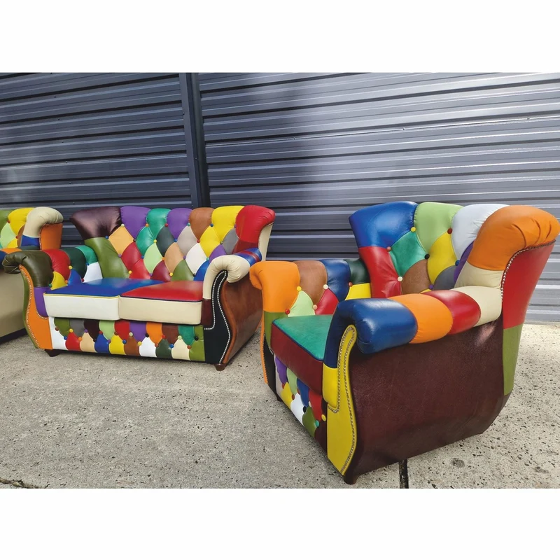 Casa Padrino Luxus Chesterfield Leder 2er Sofa Bunt / Dunkelbraun 150 cm - Patchwork Echtleder Möbel
