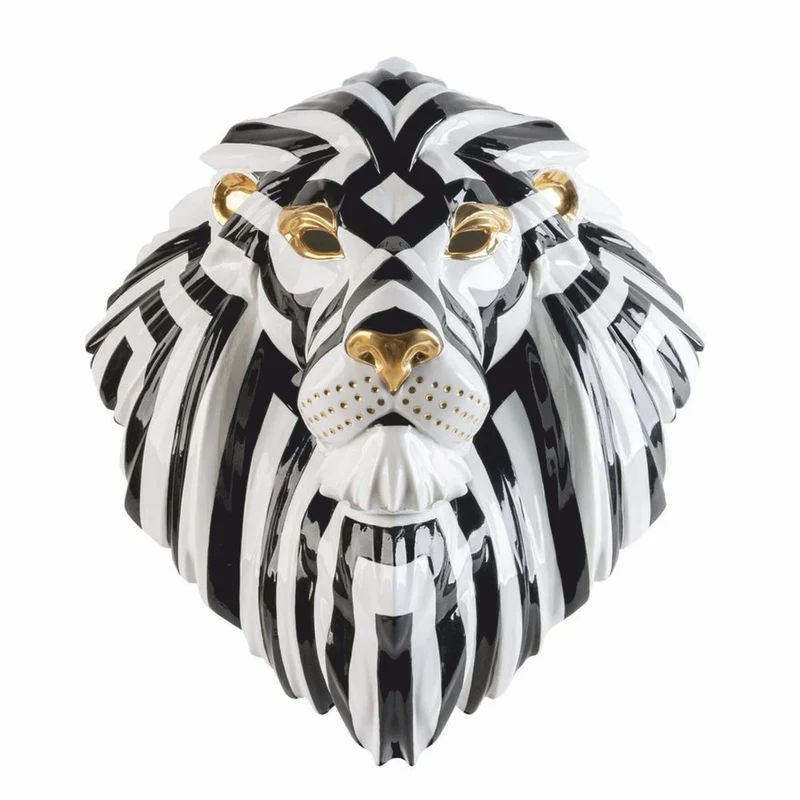 Casa Padrino Luxus Porzellan Deko Maske Löwe Weiß / Schwarz / Gold 38 x 30 x H. 60 cm
