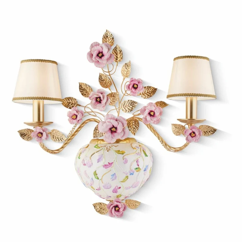 Casa Padrino Luxus Porzellan Doppel Wandleuchte Bunt / Gold / Beige H. 55 cm - Made in Italy