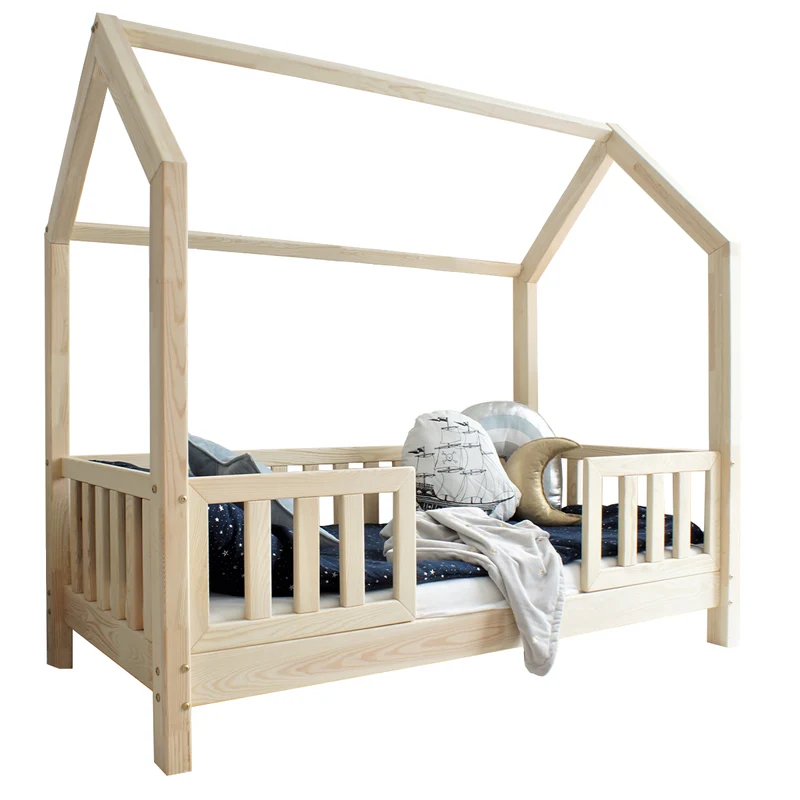 Lit cabane 90x190 barrières et sommier inclus pieds 10 cm Daisy Bois