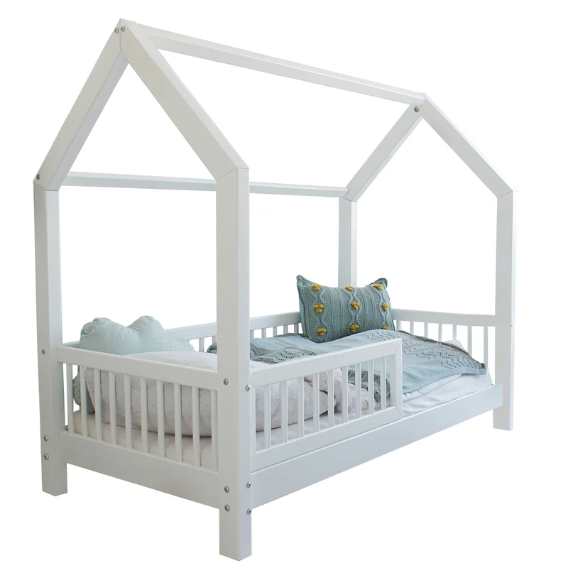 Lit cabane 90x200 barrière et sommier inclus pieds 10 cm Sofia Blanc