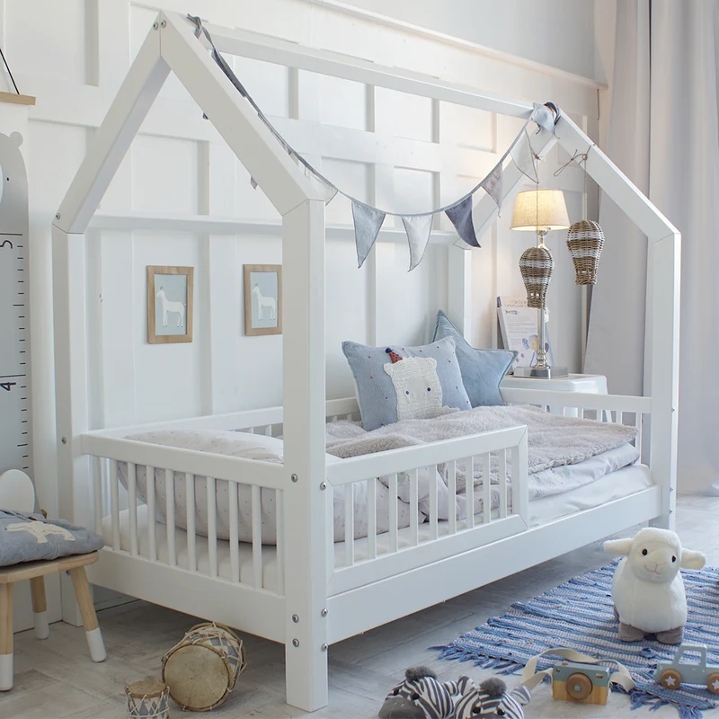 Lit cabane 90x200 barrière et sommier inclus pieds 10 cm Sofia Blanc
