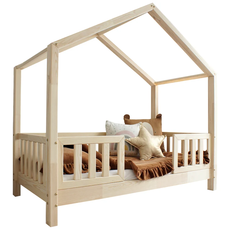 Lit cabane 90x190 barrières et sommier inclus pieds 10 cm Roxane Bois