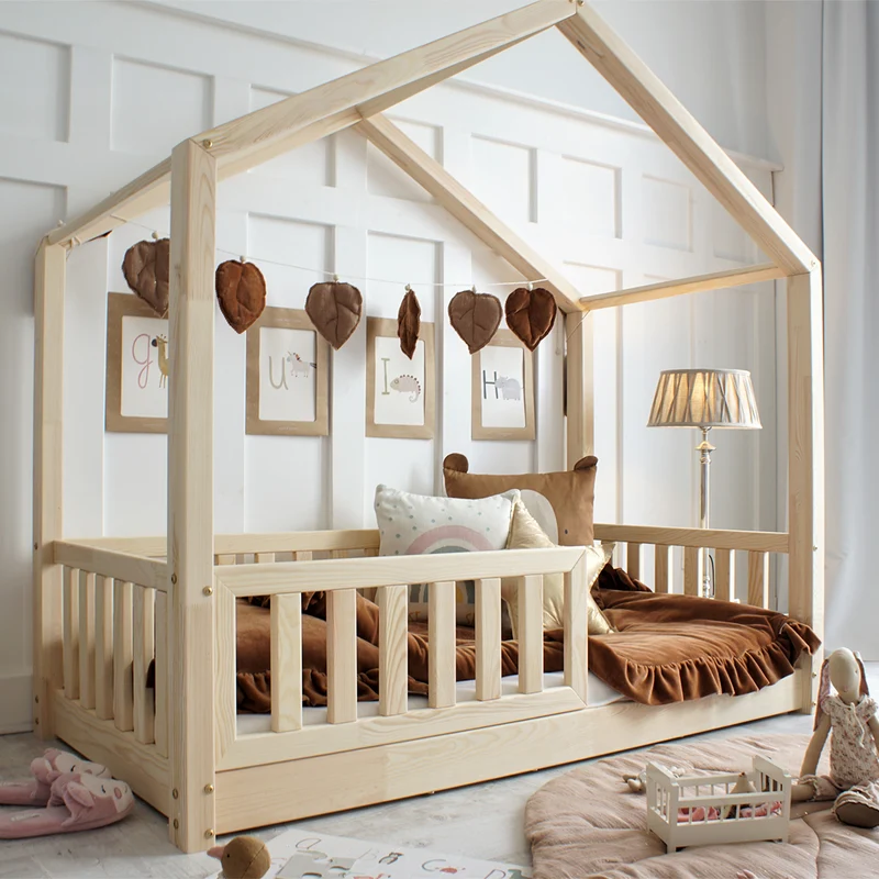 Lit cabane 90x190 barrière et sommier inclus pieds 1 cm Roxane Bois